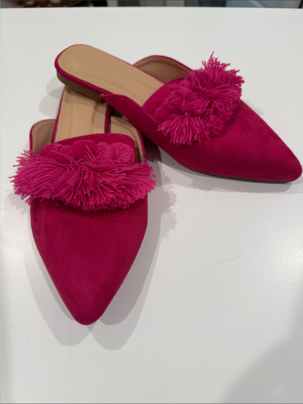 Amazon Fuchsia Suede Pointed Pom-Trim Mule Slides